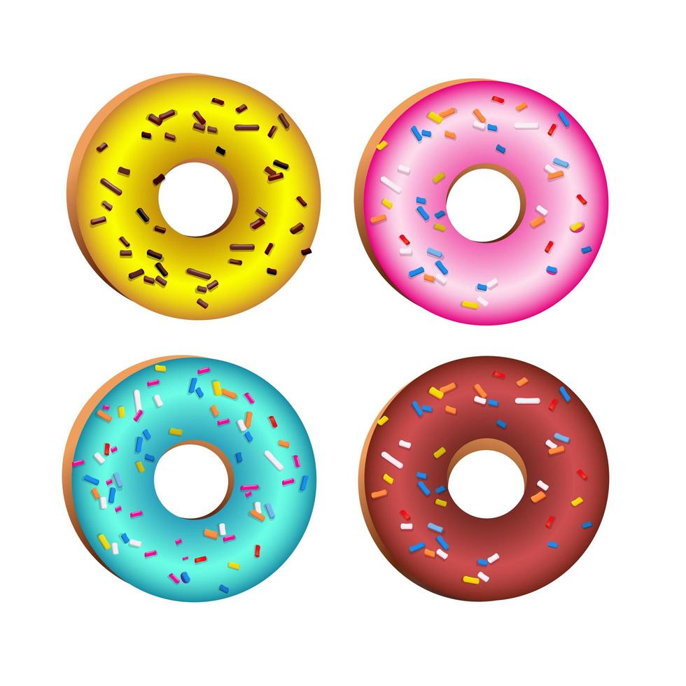 Realistic vector colorful round donuts with sprinkles, glaze. Set of 4 delicious sweet pink, chocolate, yellow, azure donuts american dessert with colorful toppings on white background.