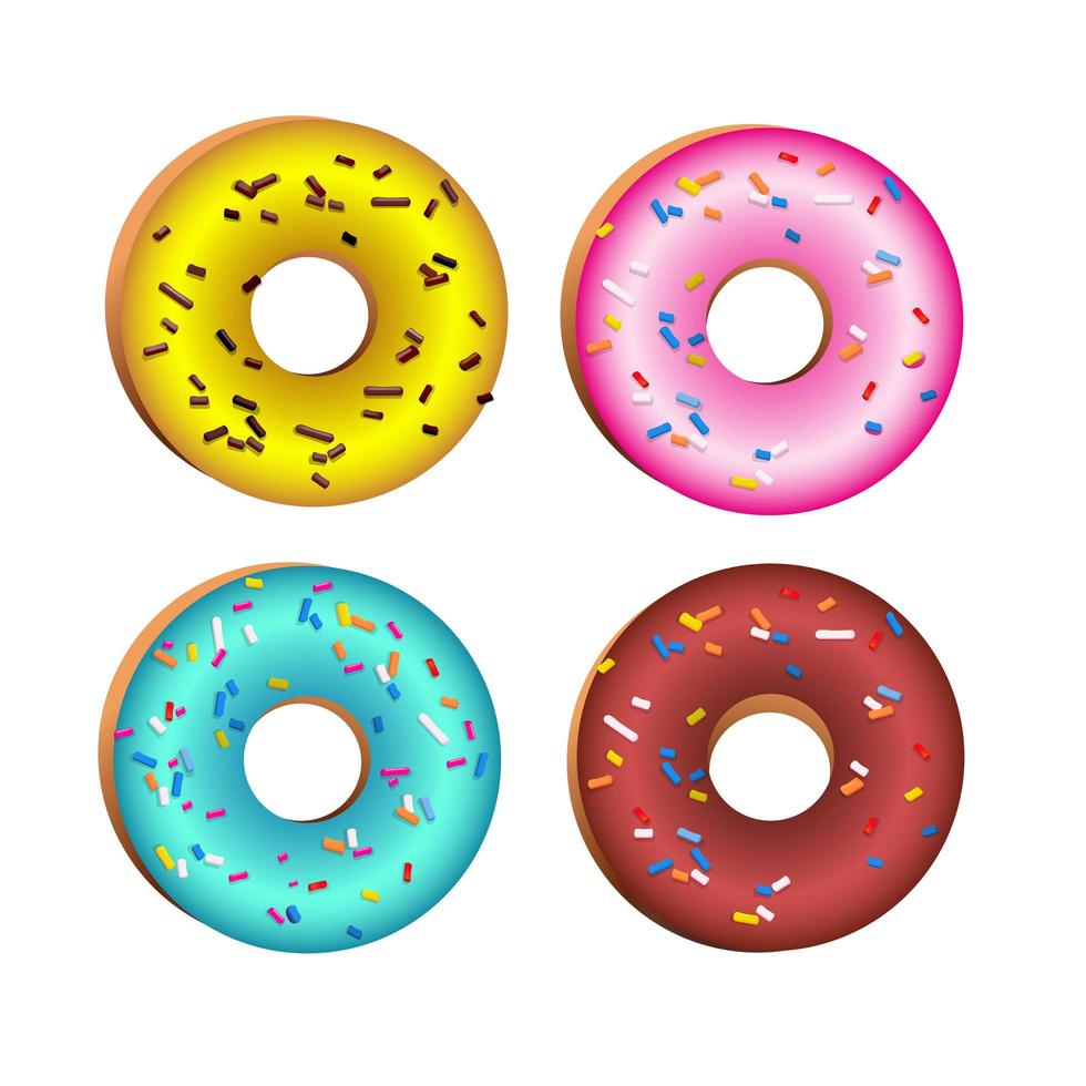 Donuts redondos coloridos vectoriales realistas con chispas, glaseado. juego de 4 deliciosos donuts dulces de color rosa, chocolate, amarillo y azul, postre americano con coberturas coloridas sobre fondo blanco. vector