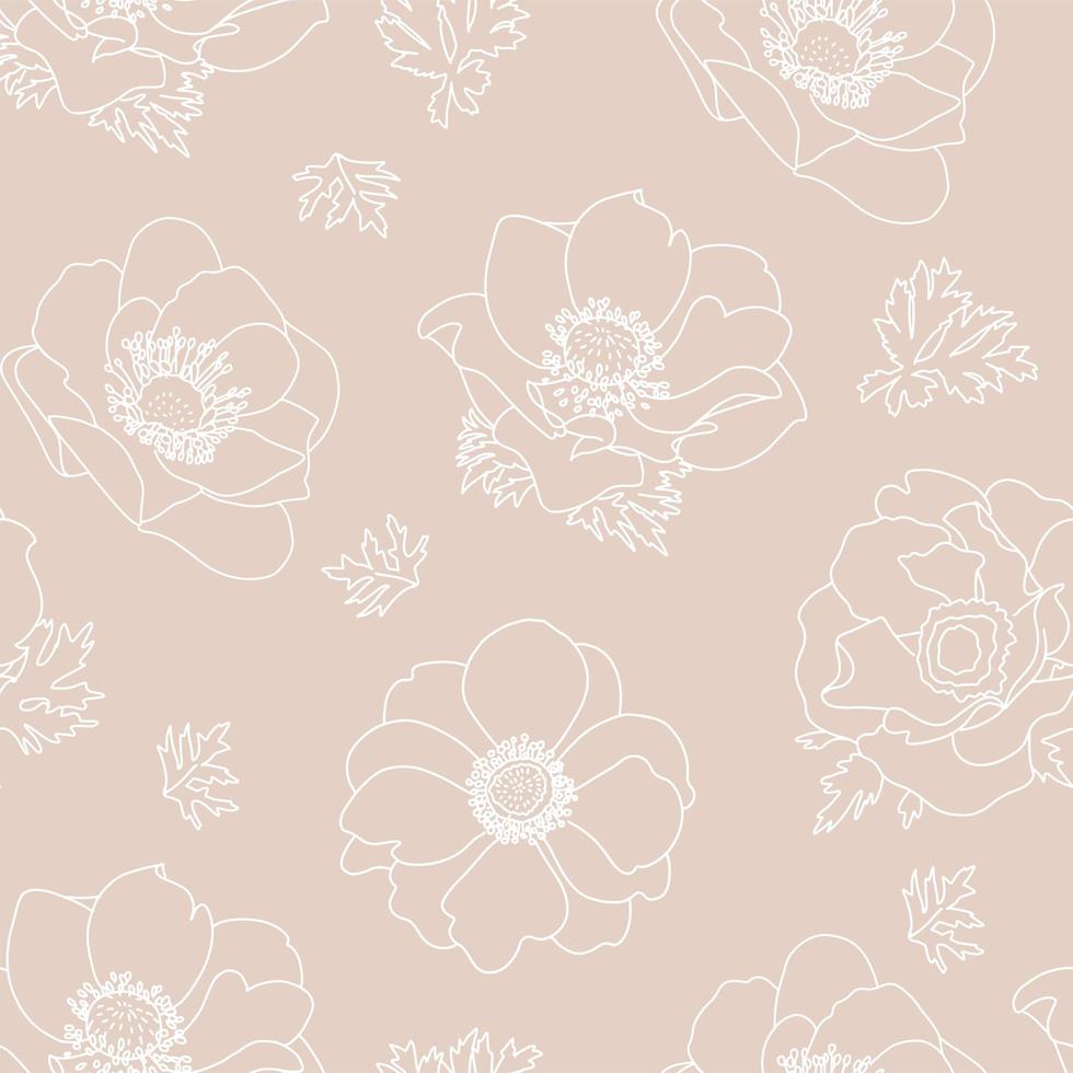 Anemone floral vector background. Seamless pattern with hand drawn white outlined flowers on biege background.