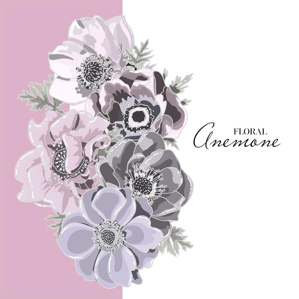 Floral card vector Design garden flower lavender pink gray Anemone with leaves forest bouquet print. Wedding rustic Invitation elegant invite on lilac and white background.