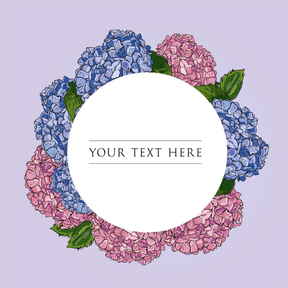 Label floral design template. Vector hand drawn illustration outline pink and blue Hydrangea on round frame on white background. Design card with space for text