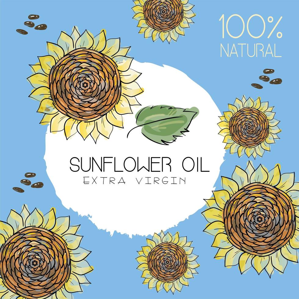 Vector illustration with handdrawn sunflowers with seeds on blue background with the text on an impressive circle. Design for sunflower oil, sunflower packaging, natural cosmetics,health care products