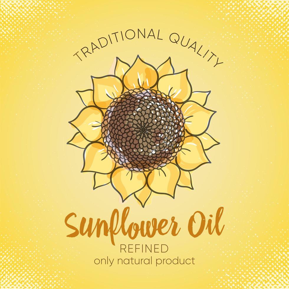 Label design template for refined sunflower oil. Vector sketch illustration with handdrawn sunflowers on yelow background for sunflower oil, sunflower packaging, natural cosmetics,health care products