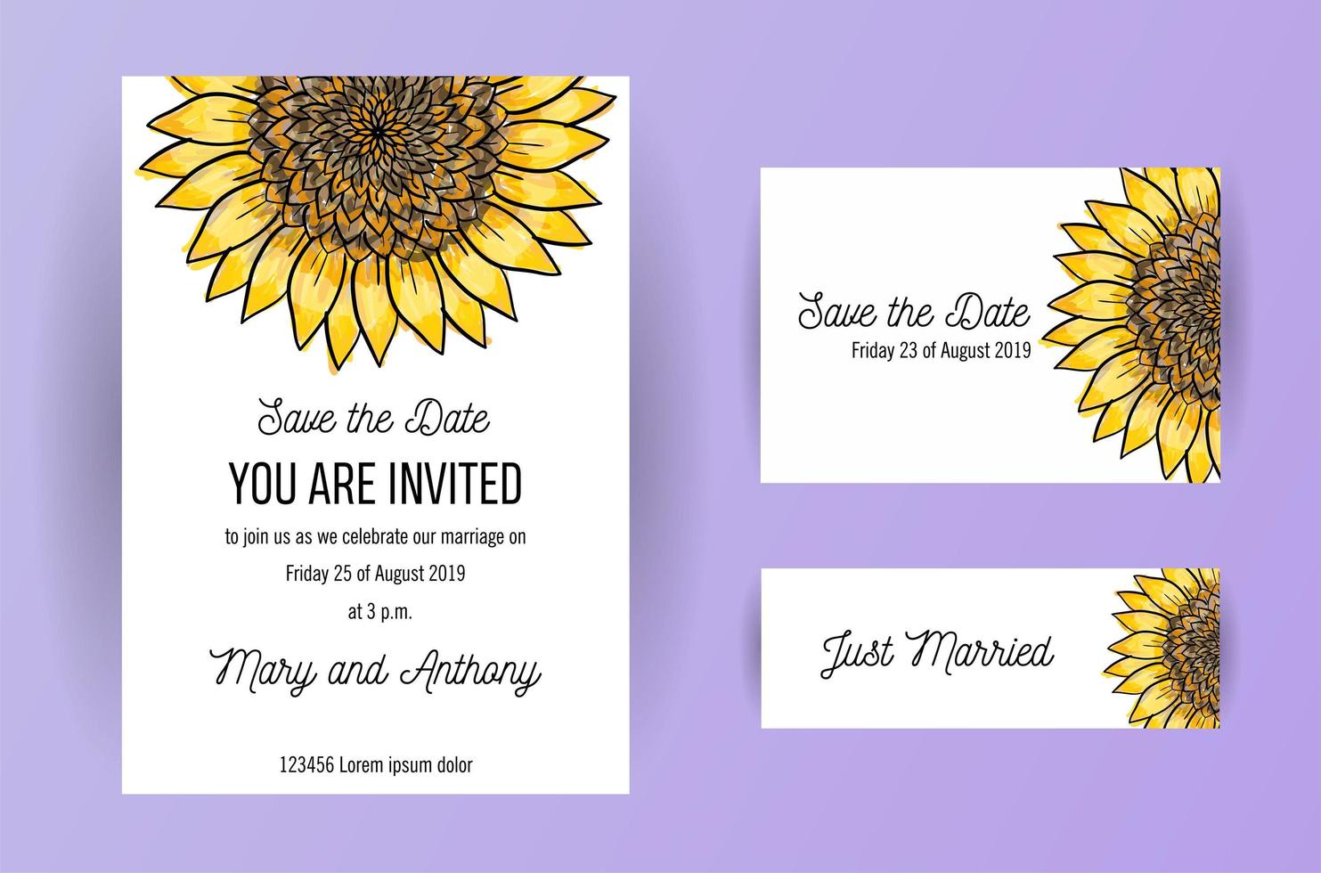 conjunto de tarjeta de invitación de boda flores girasol. plantilla de diseño de invitación de boda a5 sobre fondo blanco vector