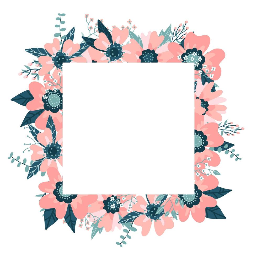 Floral Frame isolated on the white background. Cute flat floral wreath perfect for wedding invitations and birthday cards. Rose hip border with eucalyptus branches. Vector hand drawn illustration.