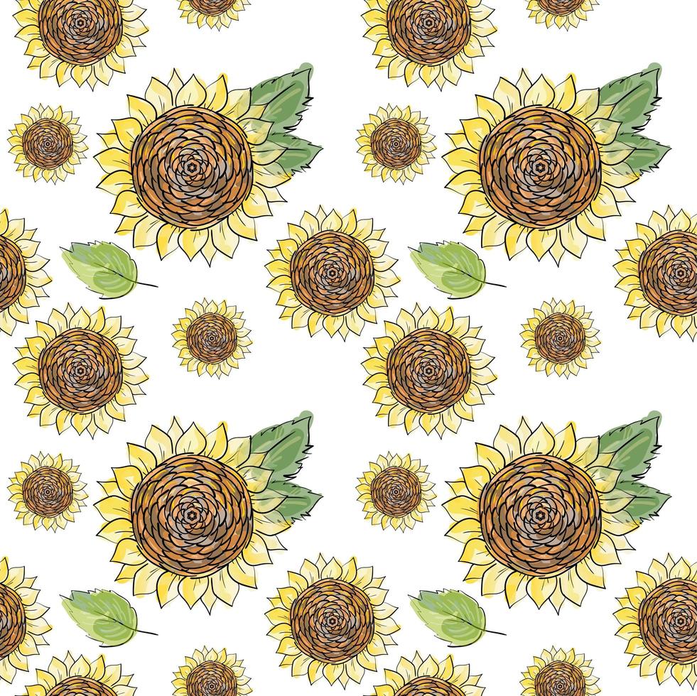 Sunflower vector seamless pattern with green leaves, imitating ink and watercolor on white background. Hand-drawn flower heads. Natural themed wallpaper, wrapping, packaging paper,birthday card design