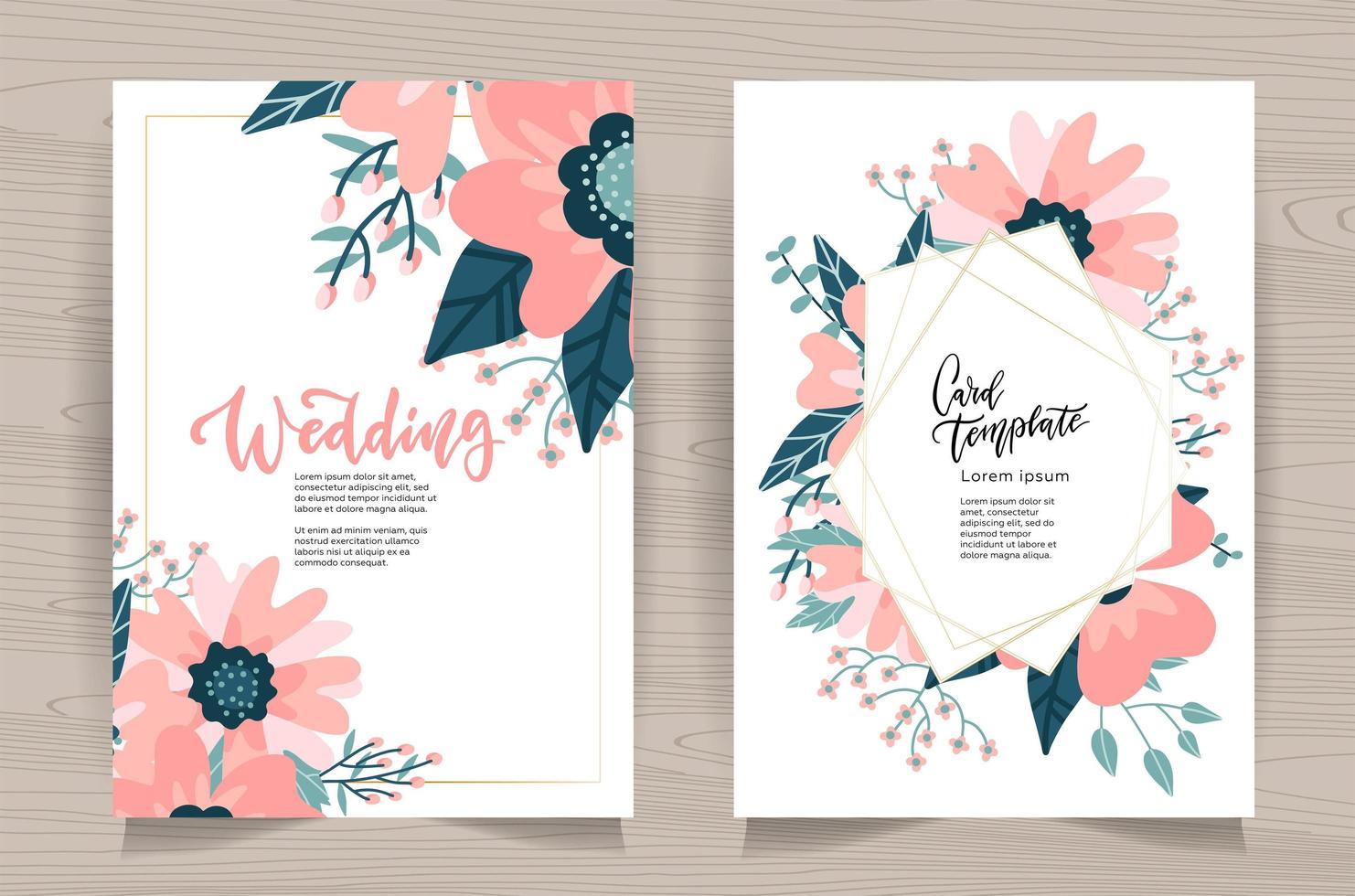 Wedding Invitation Card Front Back Side Set. Template Design, Rose hip Flowers with Leaves on White Background, Floral Pastel Vintage Theme Poster Banner Brochure. Cartoon Flat Vector Illustration