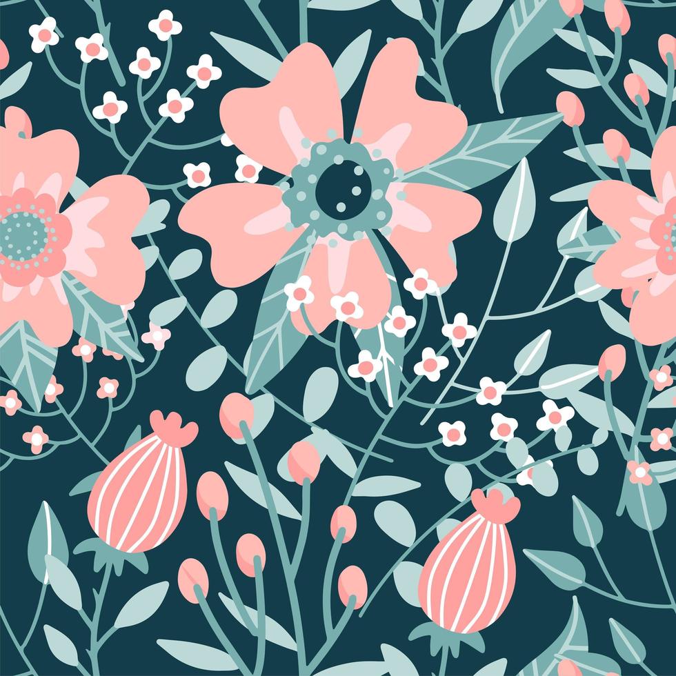 Pastel colored floral vector seamless pattern. Hand drawn abstract rosehip flowers, twigs, branche, buds son dark green background. Ornate template for design, textile, wallpaper, ceramics, coloring.