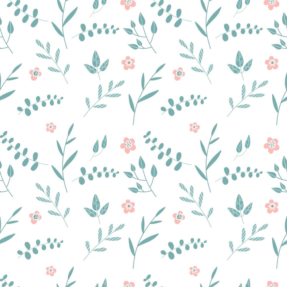 Seamless background with branches of Silver Dollar eucalyptus. Tropical seamless pattern of eucalyptus branches with green leaves and abstract pink flowers on white. Vector flat illustration.
