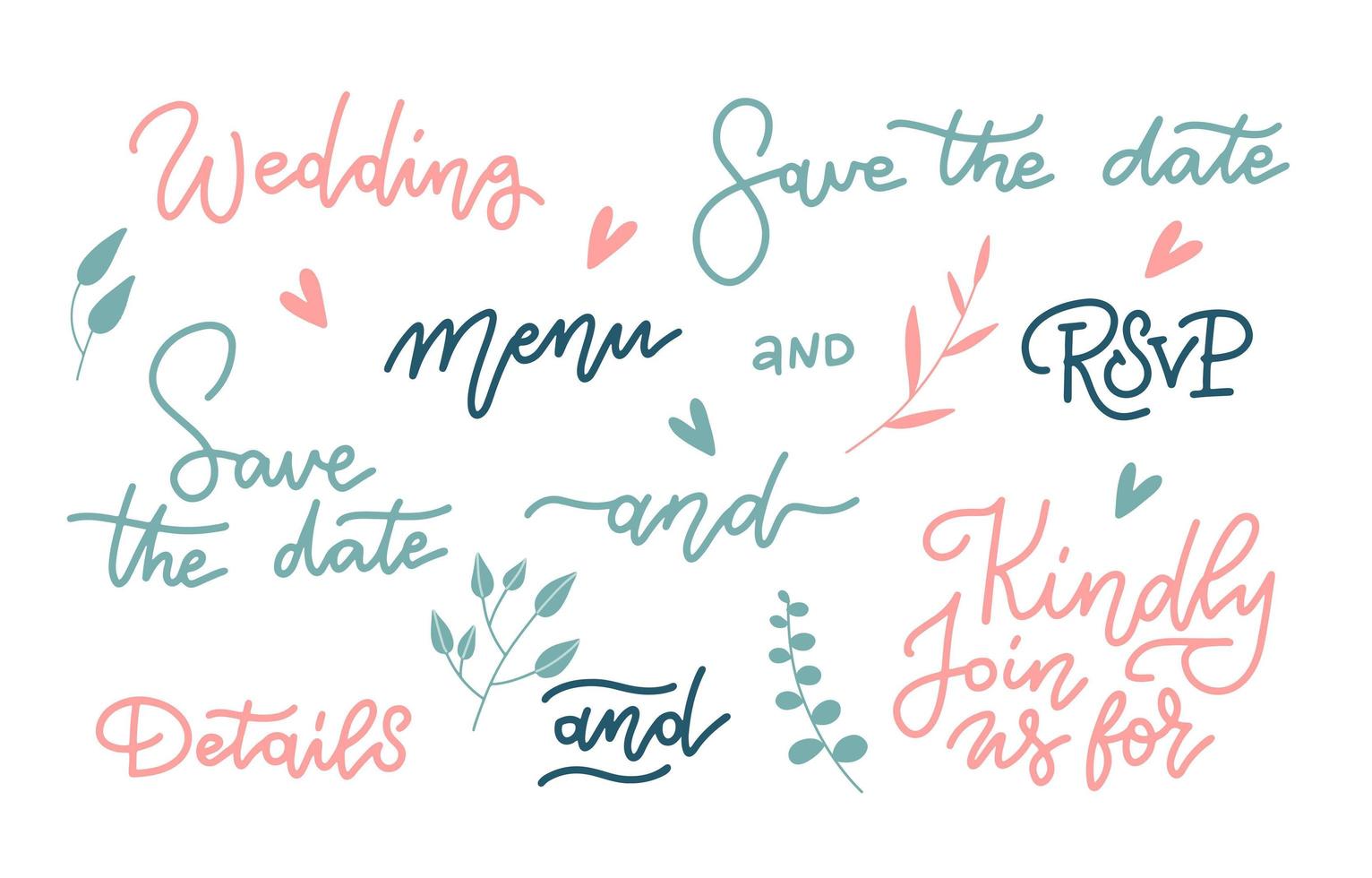 hermoso conjunto de letras de boda. Frases especiales para decoración de tarjetas. escritura de caligrafía lineal moderna. por favor únase a nosotros para, menú, guarde la fecha. vector