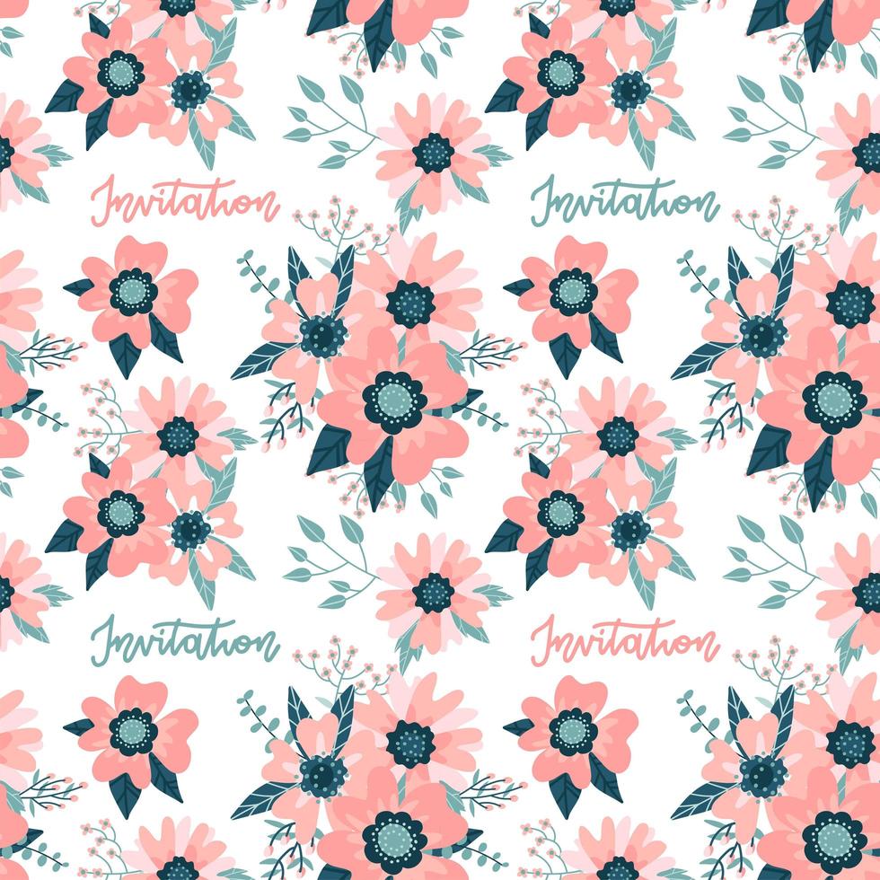 Colorful floral seamless pattern with rosehip flowers and lettering quote - Invitation. Flat vector illustration.