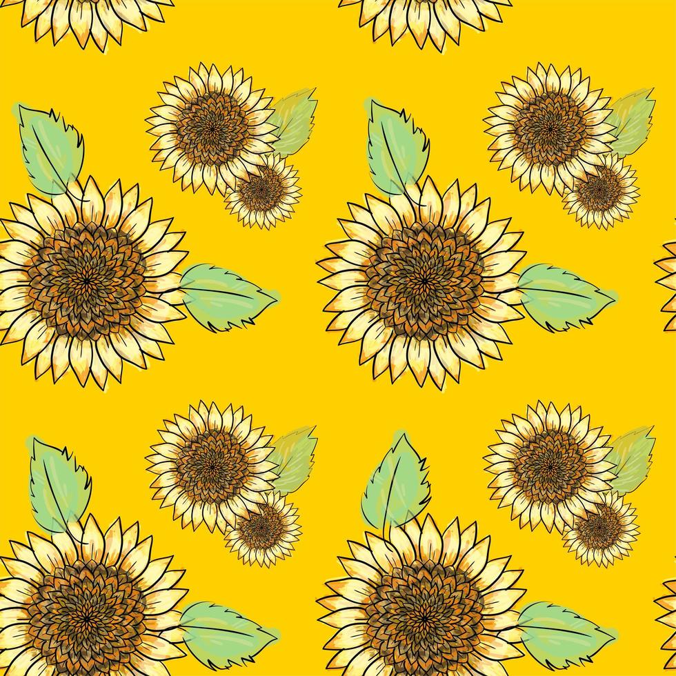 Sunflower vector seamless pattern with green leaves, imitating ink and watercolor on yellow background. Hand-drawn flower heads. Natural themed wallpaper, wrapping,packaging paper,birthday card design