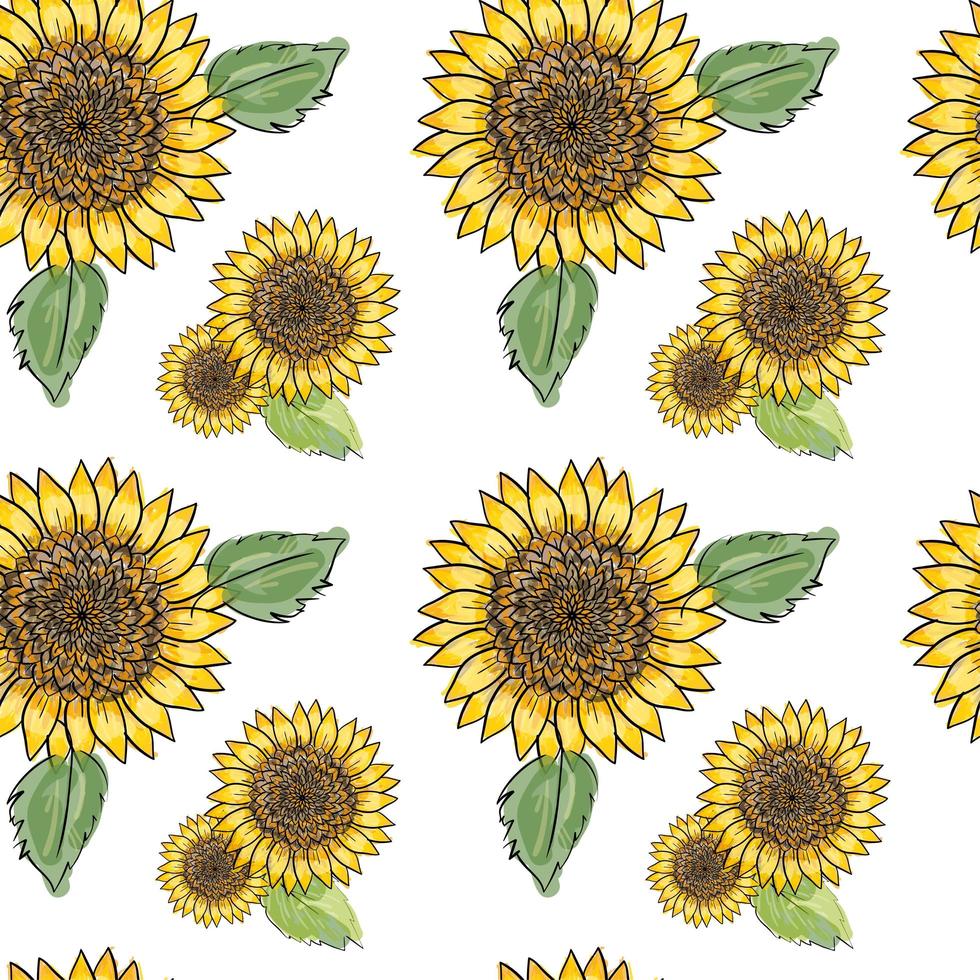 Sunflower vector seamless pattern with green leaves, imitating ink and watercolor on white background. Hand-drawn flower heads. Natural themed wallpaper, wrapping, packaging paper,birthday card design