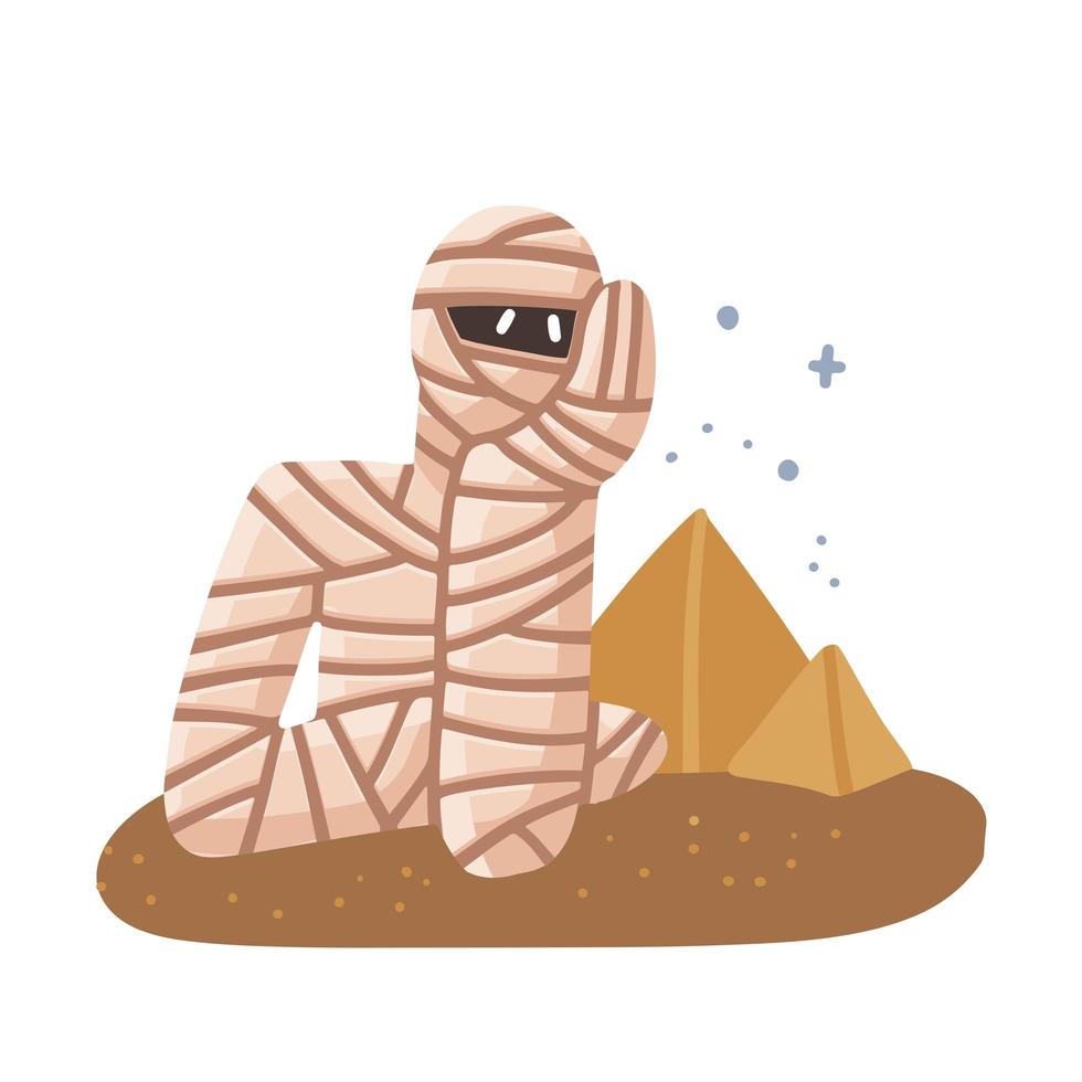 Sad mummy . Egyptian character sadly props up his face with his hand and looks at the pyramids. Isolated Flat hand drawn vector illustration