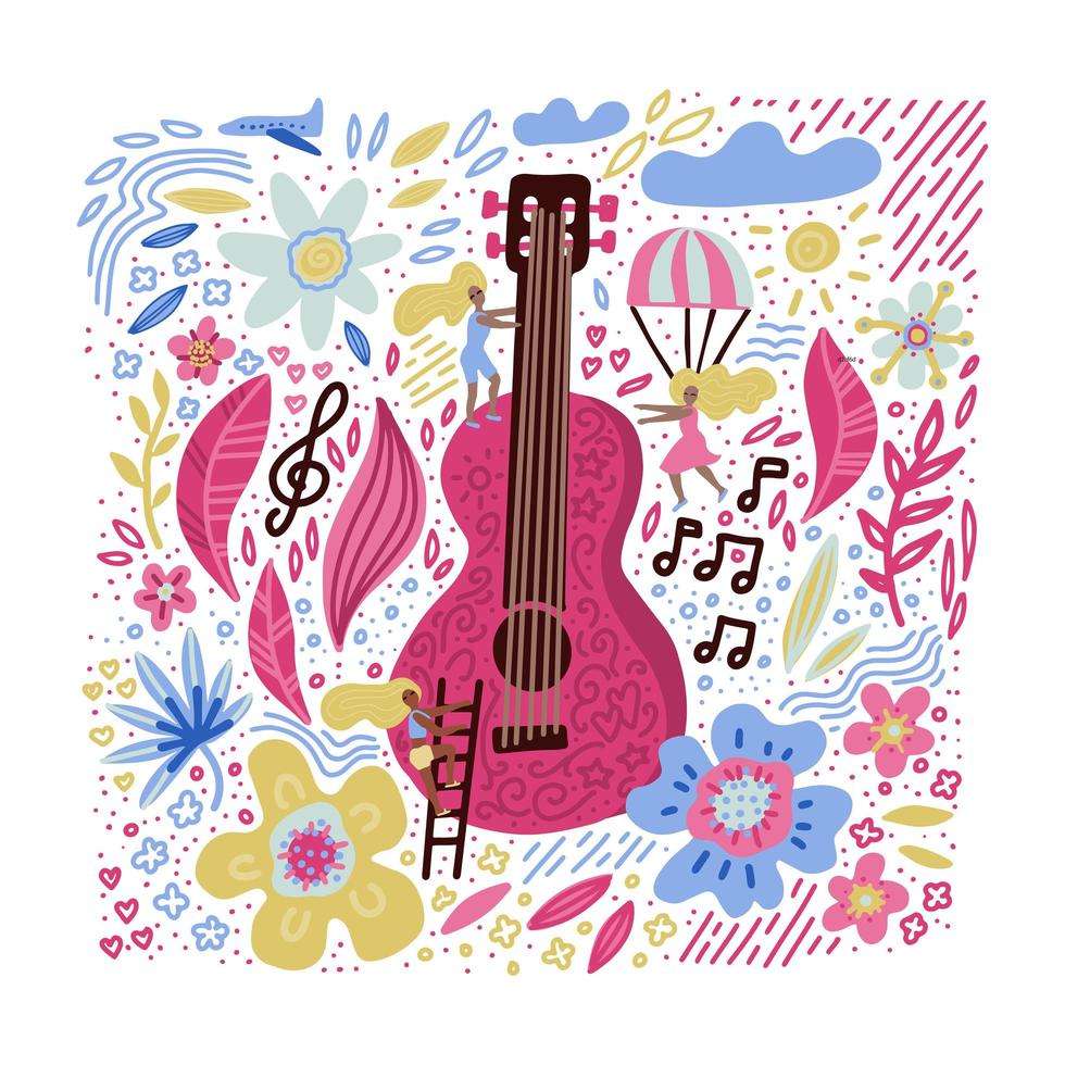 ilustración vectorial del festival de música, guitarra con arte de flores florales. pequeño waman cerca de una enorme guita. Estampado de pancarta, afiche, postal o camiseta dibujado a mano. vector