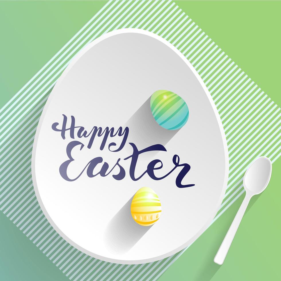 Hand sketched greeting card with Easter egg, plate, spoon, inscription Happy Easter. Vector illustration for celebration postcard, card, invitation, template.