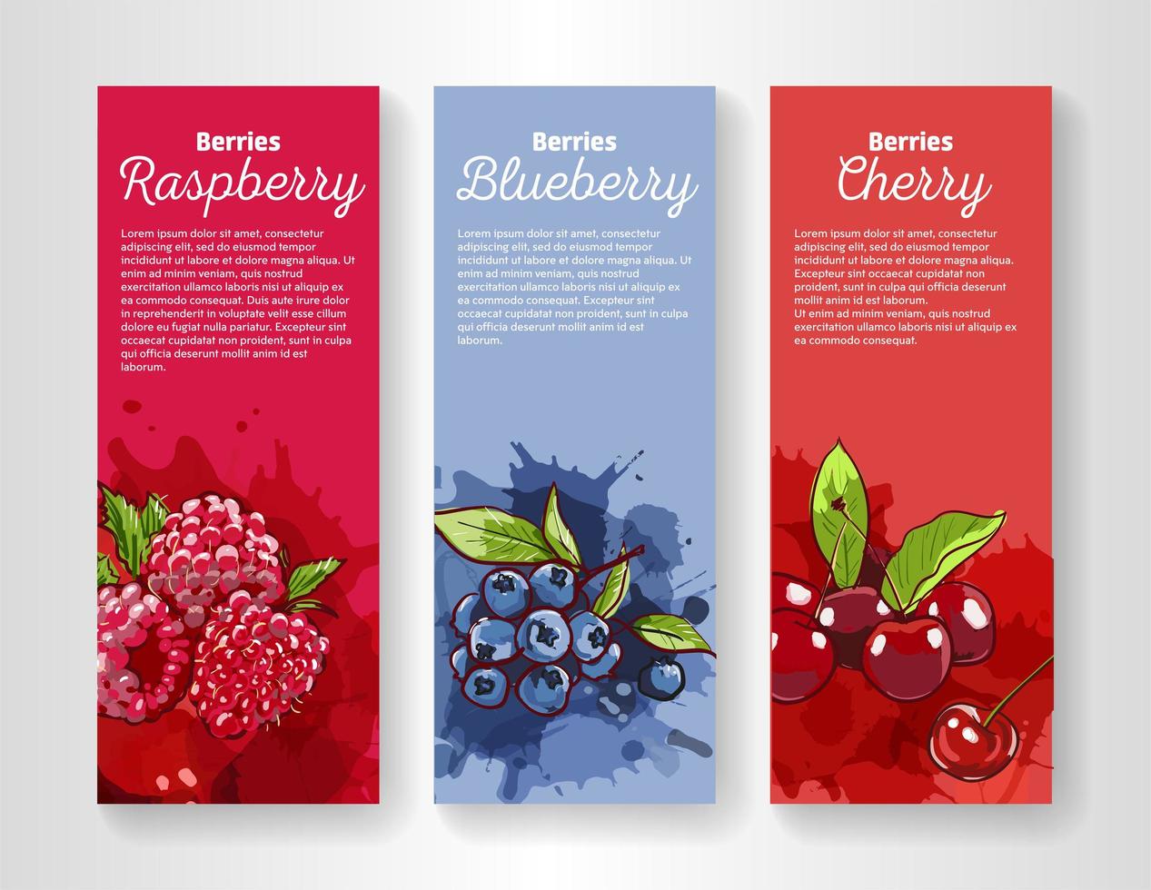 Set of 3 vertical banners flyers with splashes of juice of different red berries. The berries are hand drawn in vector in the style of marker sketches. Colorful leaflets with space for your text