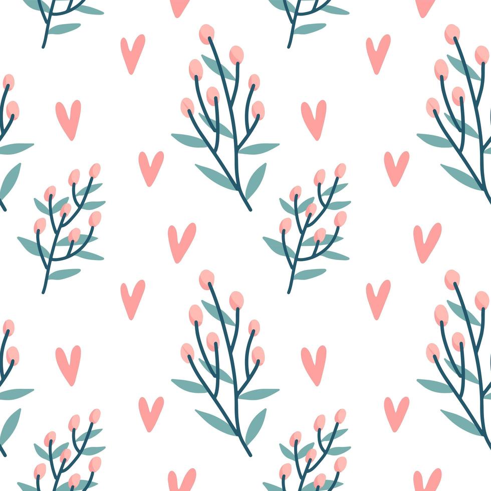 Seamless pattern of hearts, holly berries branch on a transparent background. Vector hand drawn illustration.