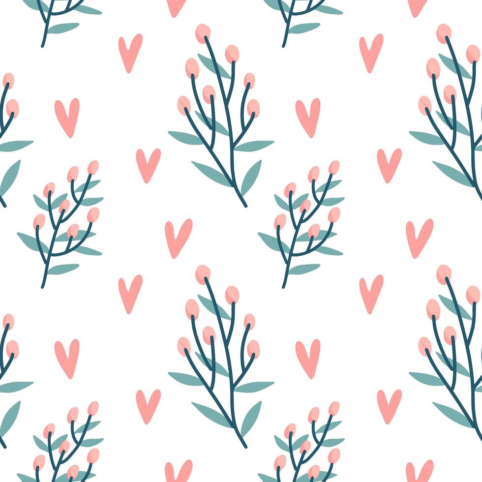 Seamless pattern of hearts, holly berries branch on a transparent background. Vector hand drawn illustration.