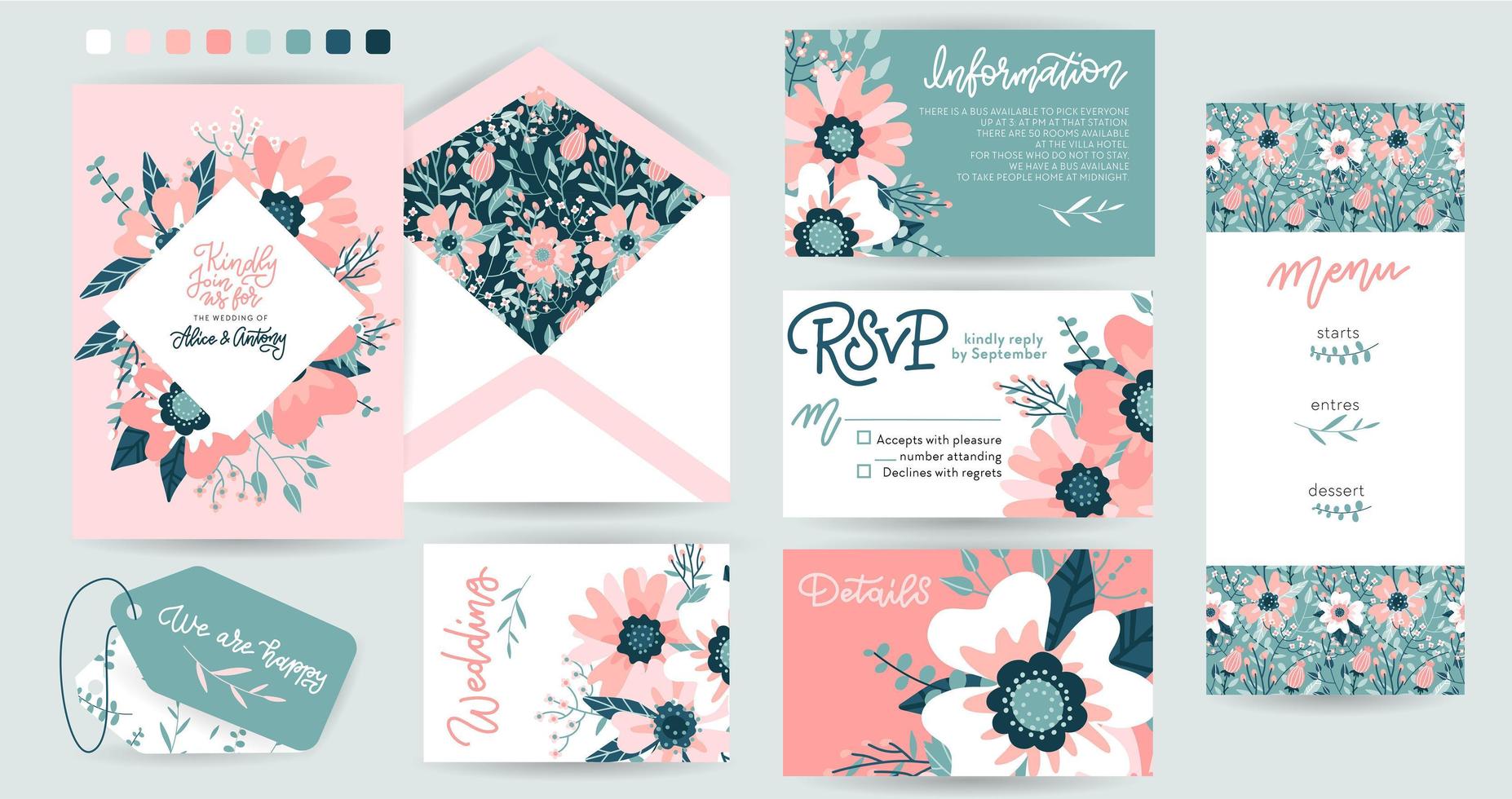 Wedding invite, invitation, details, menu, information cards set. Floral bouquet frame design- light pink Rosehip flower, leaves Eucalyptus branch, cute berries. Big collection. Vector flat design.