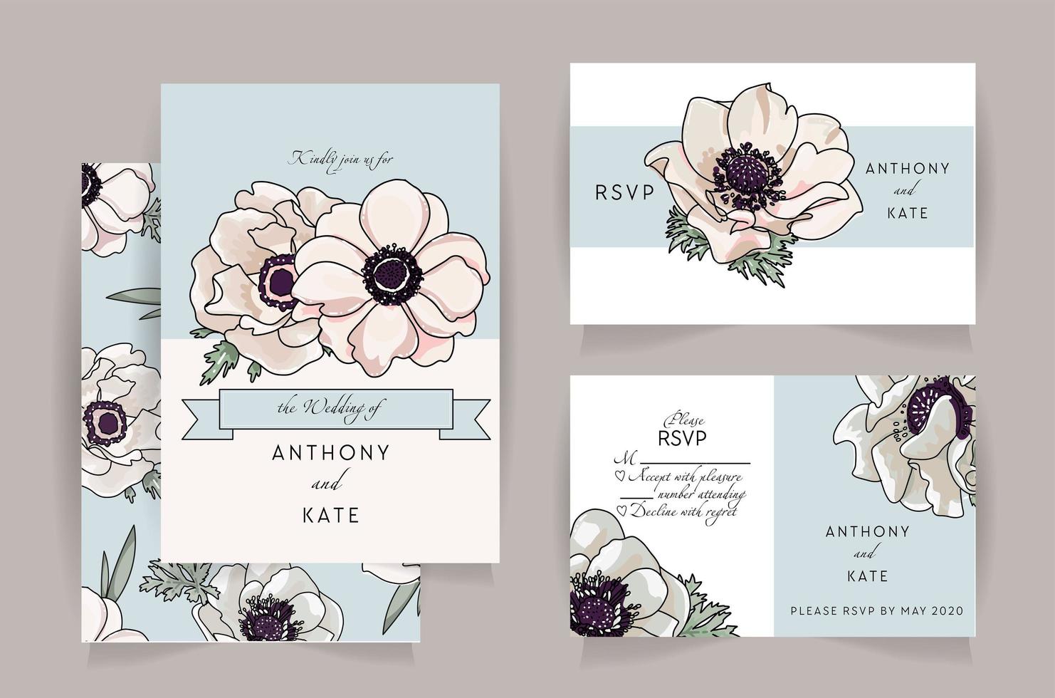 conjunto de suite de tarjetas de invitación de boda con flor de anémona. invitación de boda, rsvp, guardar el diseño de la tarjeta de fecha con un elegante patrón de anémona rosa tensor. ilustración de dibujado a mano de plantilla de vector