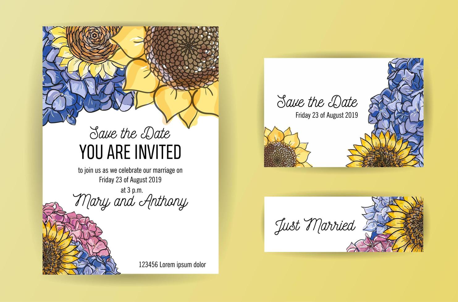 conjunto de tarjeta de invitación de boda con flores de hortensia y girasol. plantilla de diseño de invitación de boda a5 sobre fondo blanco. plantilla de diseño de tarjetas naturales. guarde las tarjetas de fecha en la suite nupcial. vector