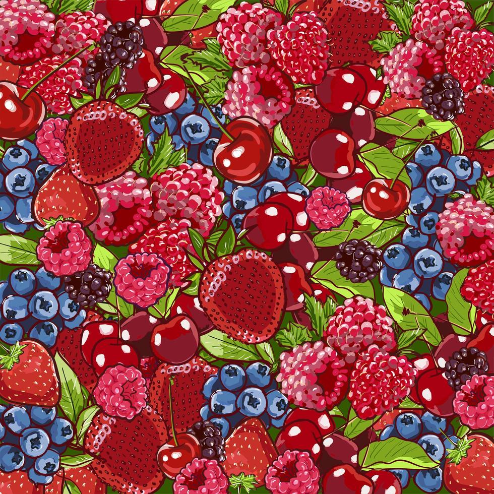 berry background. Berries overhead closeup colorful assorted mix of strawberry, blueberry, raspberry, blackberry. Food background, texture of assorted fresh berries. Hand drawn vector illustration.
