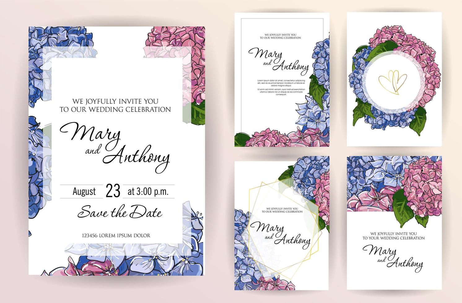 Set of wedding invitation card flowers hydrangea. A5 wedding invitation design template on white background. vector Hand drawn colorful marker illustration.Doodle sketch line on white background frame