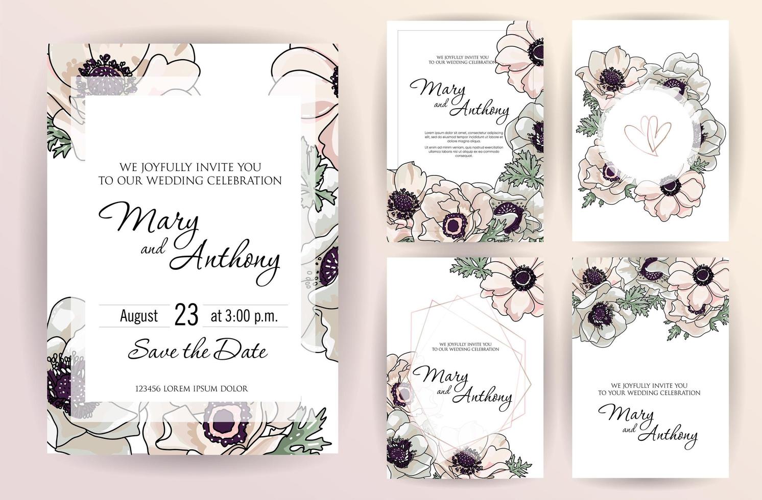 invitación de boda, portada del menú, información, etiqueta, diseño de tarjeta con flores de anémona rosa en polvo suavemente dibujadas con acuarela. gran conjunto de plantillas. ilustración vectorial dibujada a mano. vector