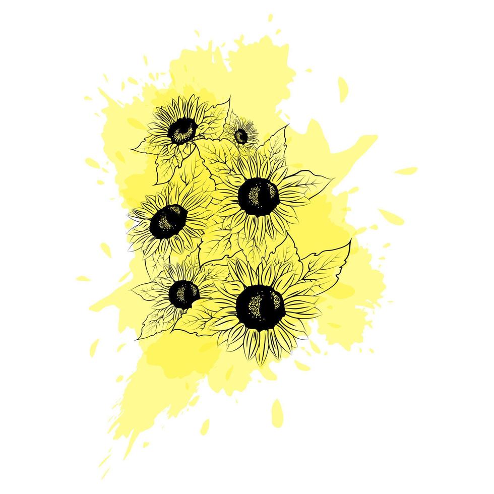 Outlines of sunflower flowers on a watercolor stain of yellow vector