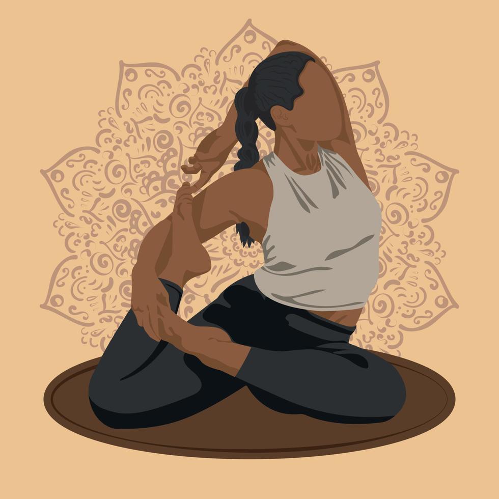 A dark-skinned woman performs a yoga exercise vector