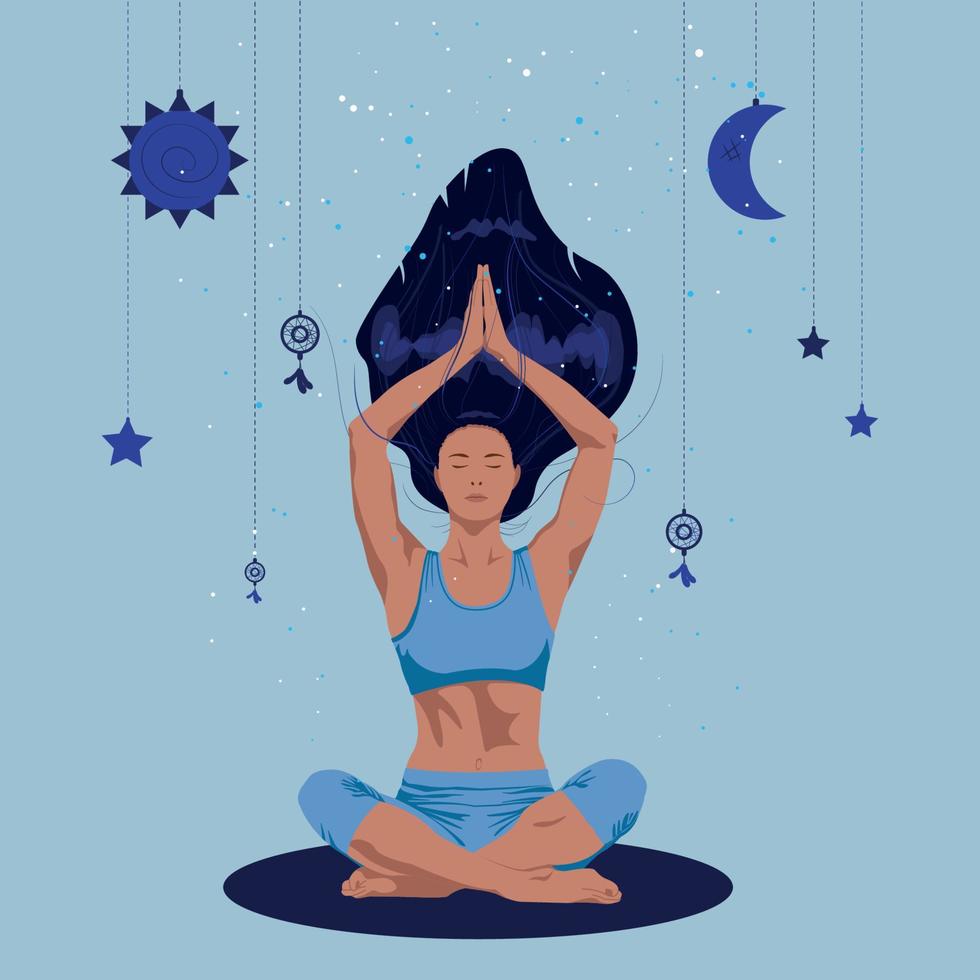 A girl with her hair upwards meditating in the lotus position vector