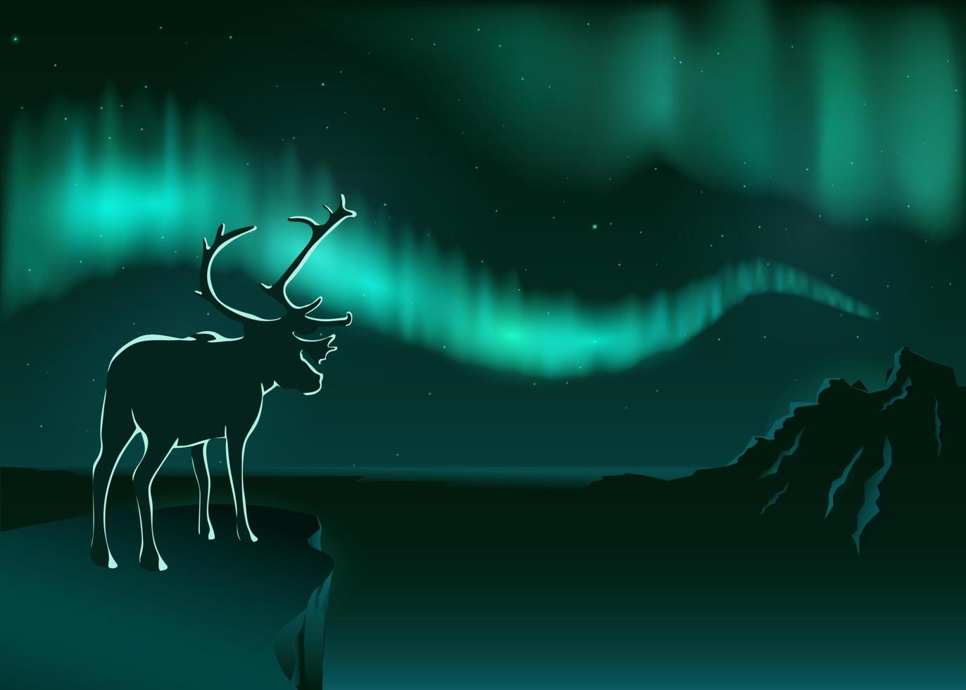 A deer stands on the edge of a cliff and looks at the northern lights vector