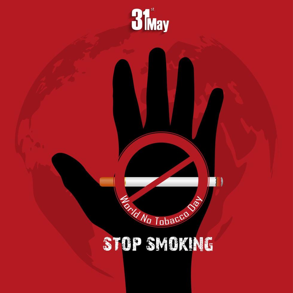 Black hand with word stop smoking on red background vector