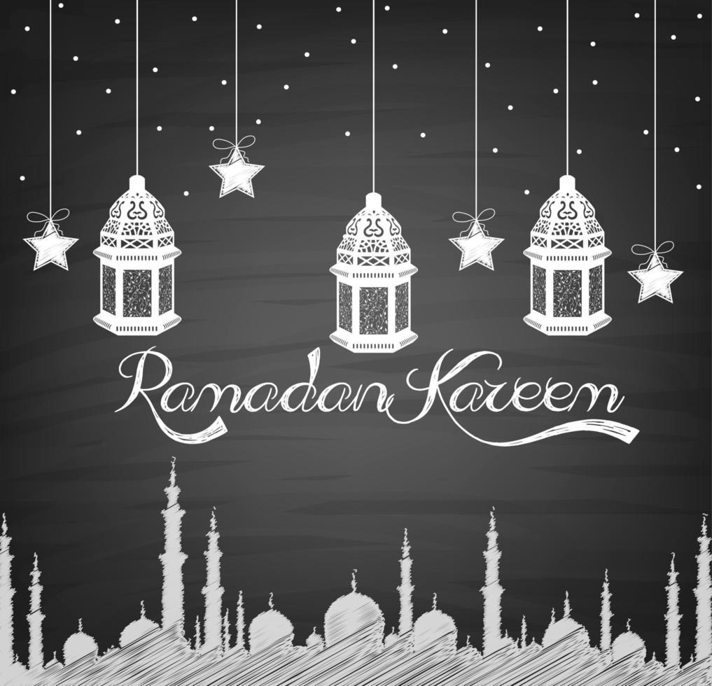 fondo de ramadan kareem con lámpara, estrellas y mezquita de dibujo a mano vector