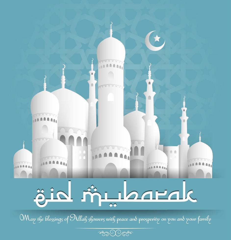 Eid mubarak background with mosque and crescent moon on blue background.Vector vector