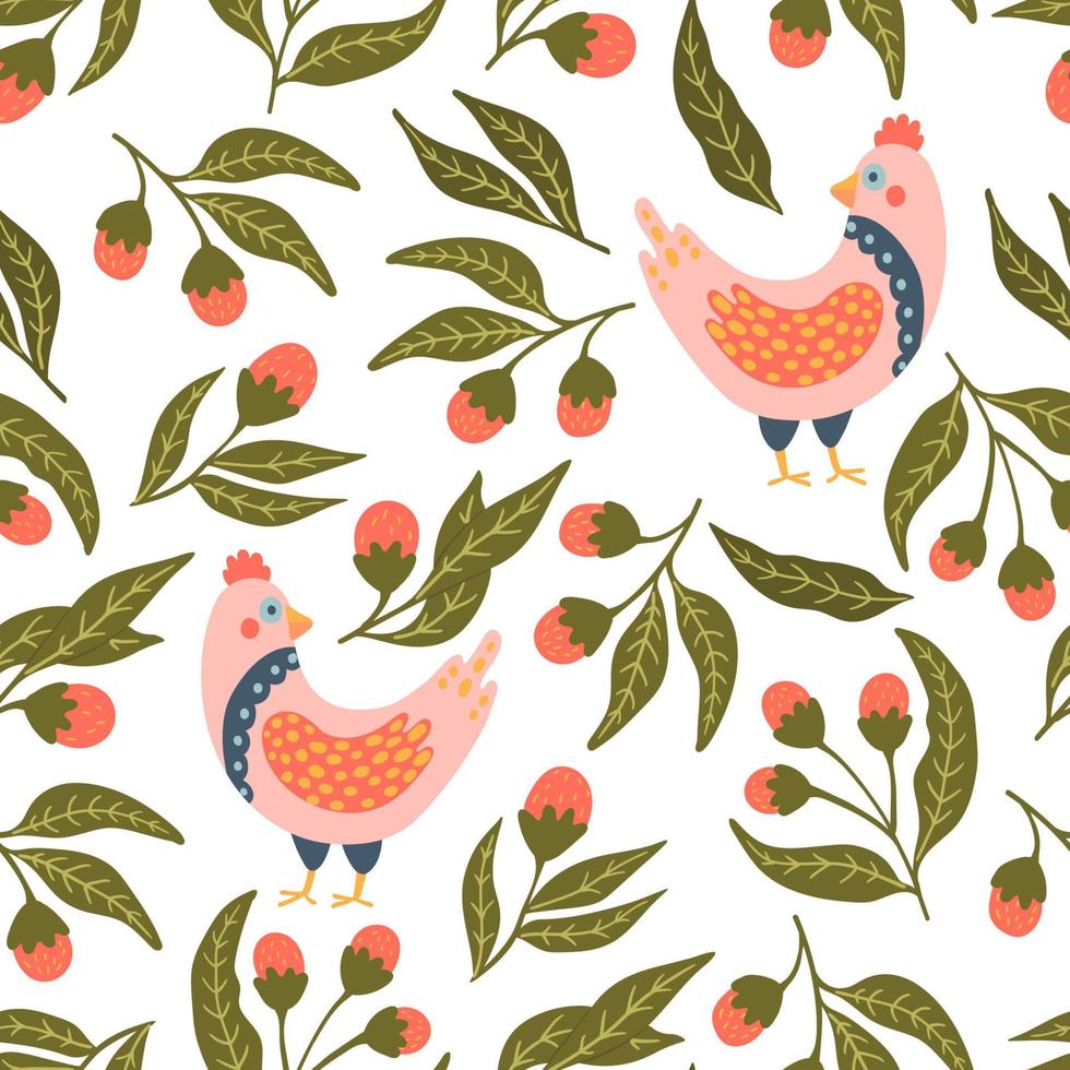 Modern tribal boho patterned small bird and branches with flowers and berries in Folk style inspired by northern mythology and fairy tales seamless pattern. Vector flat cartoon texture background.