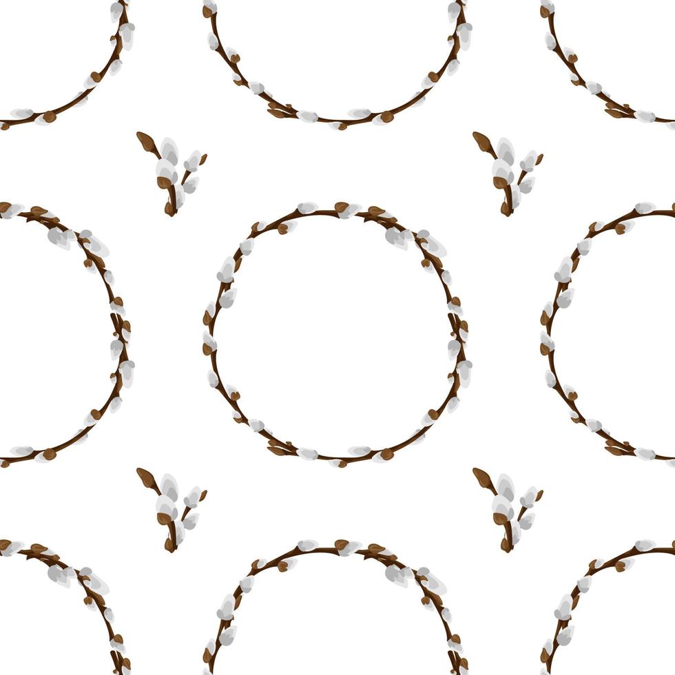 Easter pussy willow wreath seamless pattern. Spring branches vignette holiday texture. Happy Easter background. Fluffy willow vector design