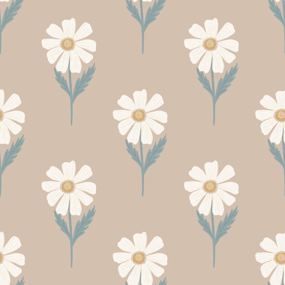 Chamomile pattern seamless in freehand style. Spring flowers on colorful background. Vector illustration for textile.