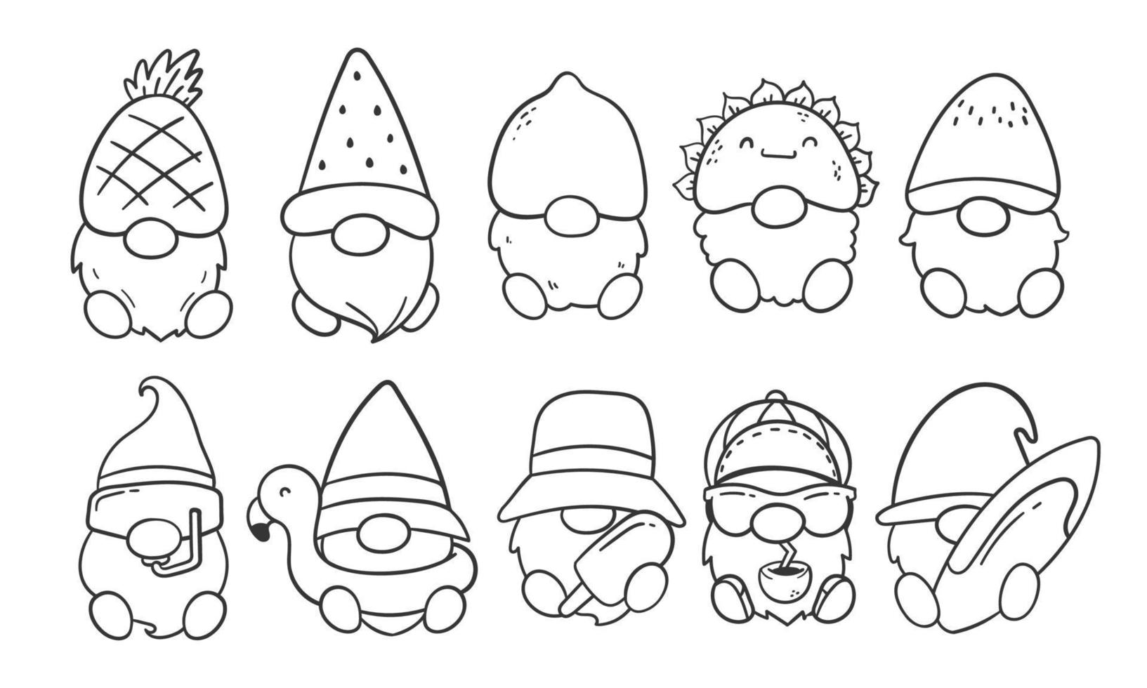 cartoon lines Summer gnomes in fruit costumes coloring book for kids vector