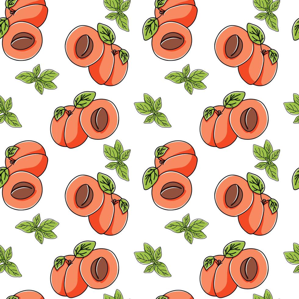 Apricots and greenery seamless background in hand drawn style, sweet fruits endless vector doodle texture