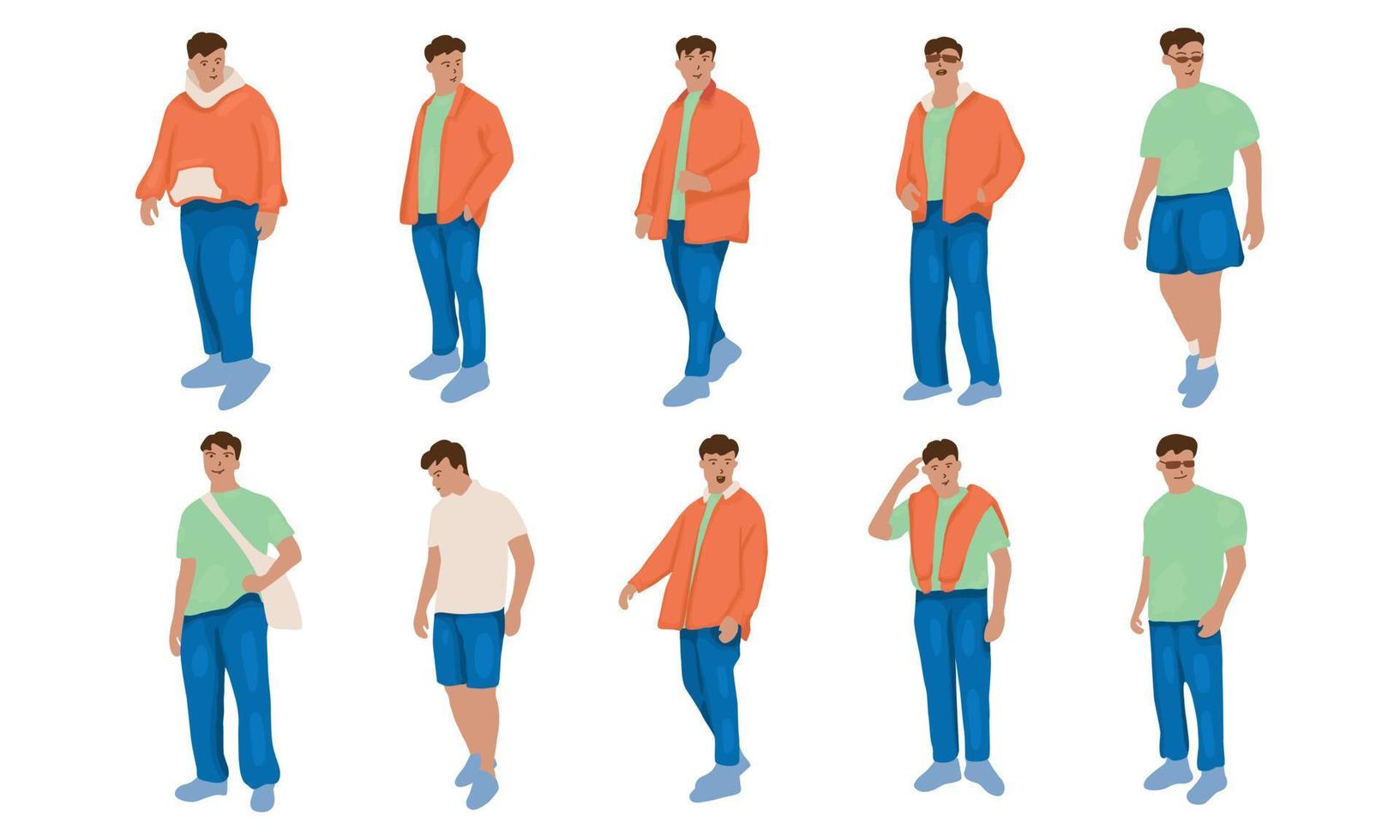 el hombre posa diferente usando un atuendo informal en color naranja, menta o verde matcha y jeans azules para la actividad diaria vector