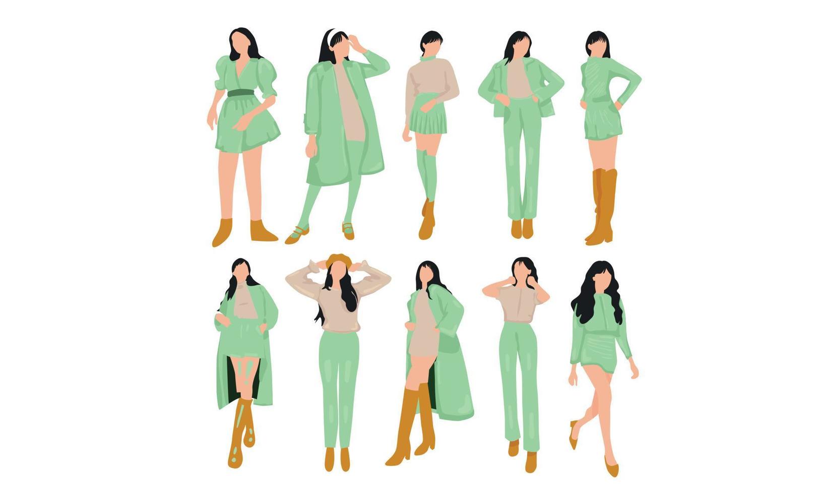 chica matcha con cabello lacio en hermosas poses y sesión de fotos de moda de estilo diferente vector