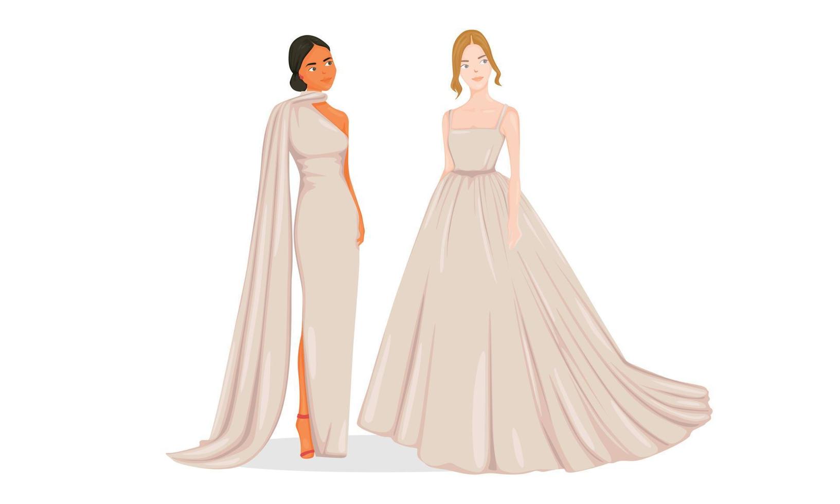 las damas van a la fiesta con sus vestidos especiales hechos por un diseñador de moda súper famoso. es hacerlos muy hermosos. vector