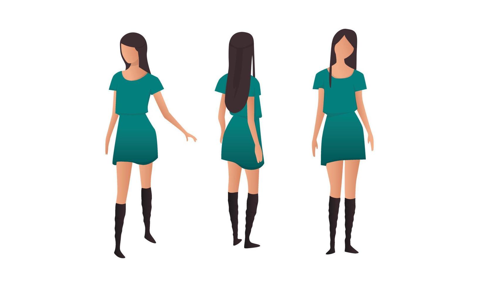 una dama con muchas poses en la parte delantera izquierda derecha con vestido y botas largas vector