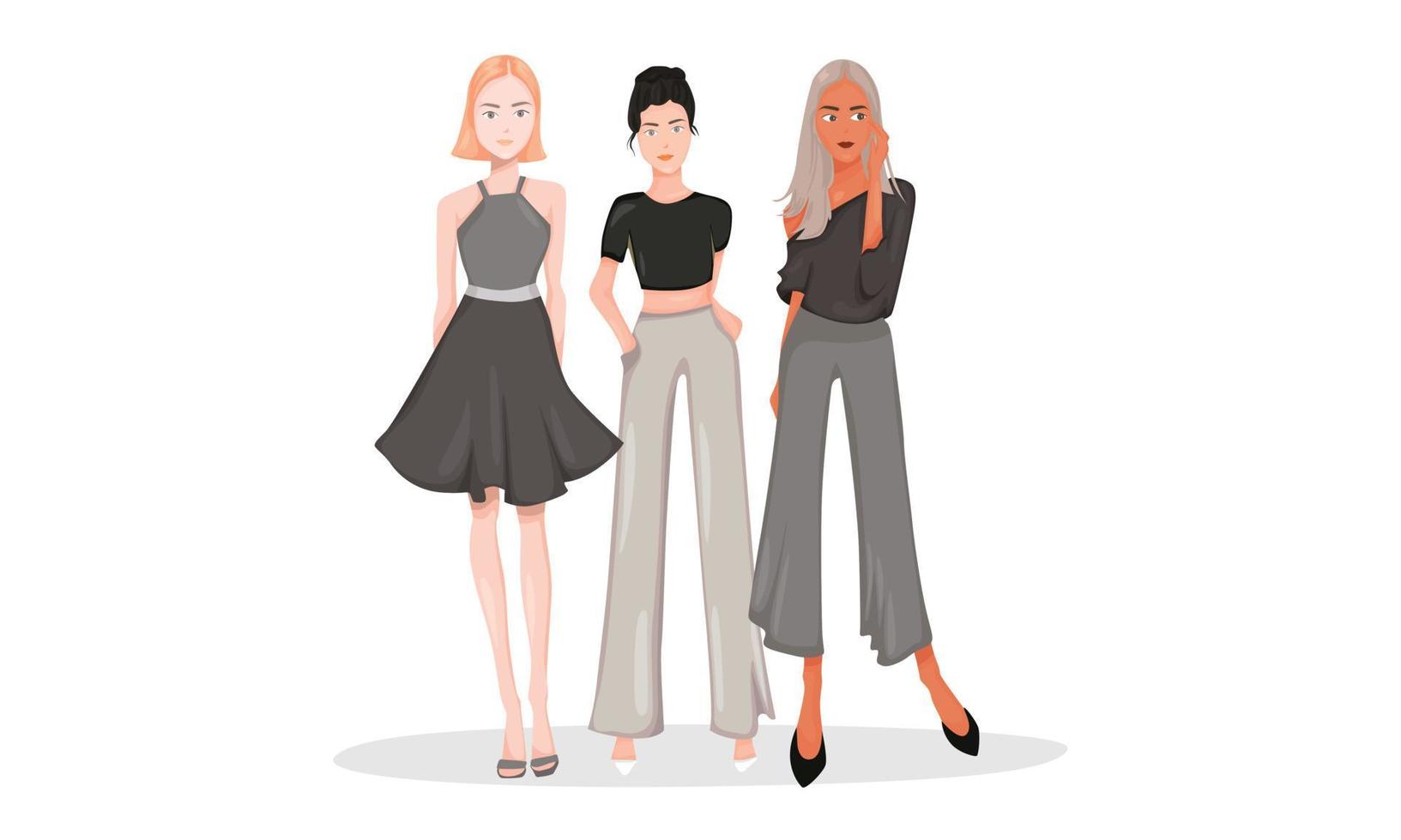 woman meeting illustration character lady girl with casual Clothes and they wear makeup, grey black shirt pant skirt vector