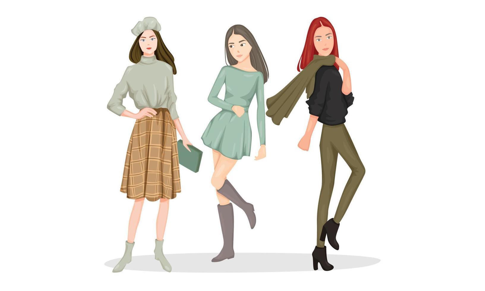 Girls are going to coffee shop wear casual outfit, green mint brown army colour, also using hat and scarf. That girls are student and employer. vector