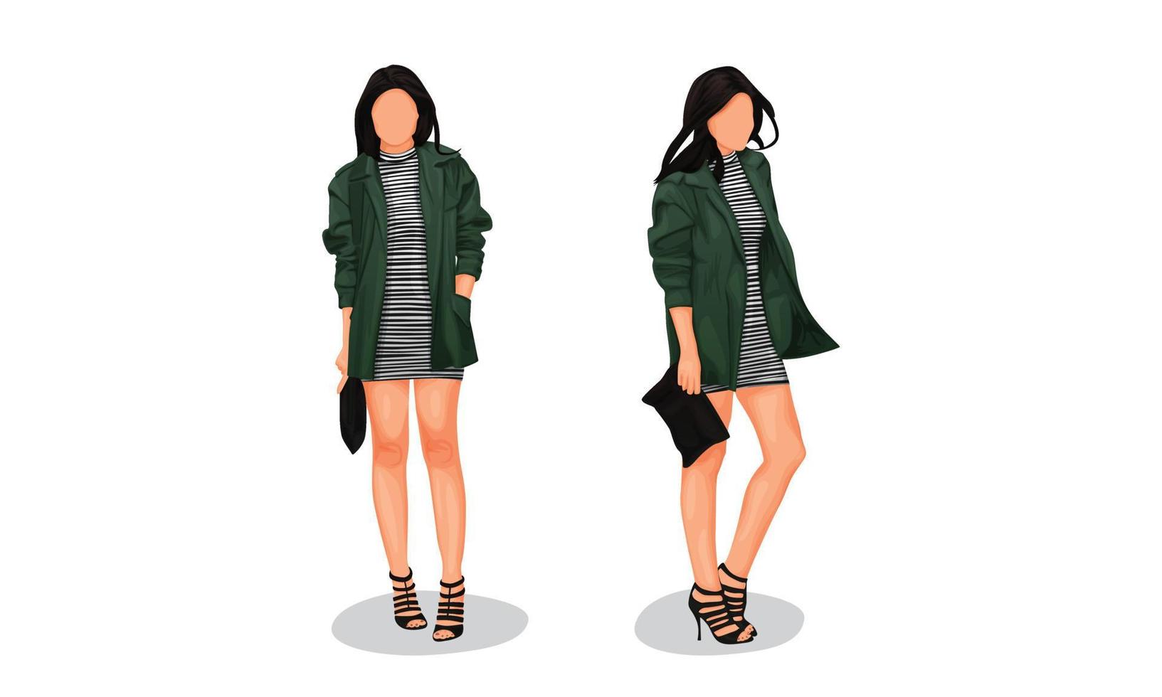 Woman is going to buy a cup of coffee with simple striped dress, green parka, heels and her clutch vector