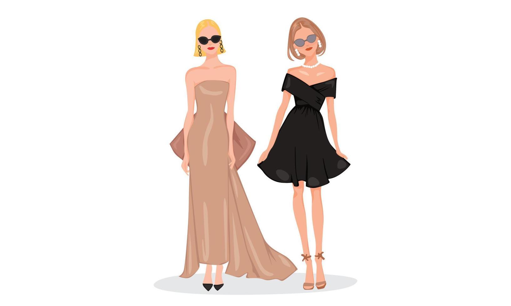 Famous Lady Woman Fashion Model with Dress Clothes Brown and Black with sunglasses, formal or glamour outfit can be use for night party vector