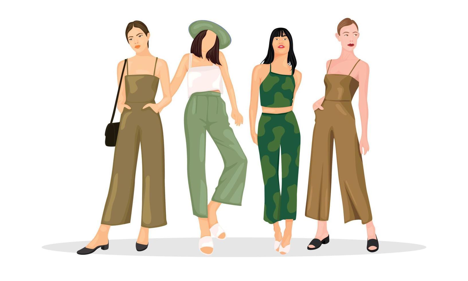 las niñas están de pie poses modelo de cuerpo completo famosa hermosa mujer de negocios bonita. camisa de mono colorida de menta blanca del ejército verde, sombrero, bolso de mano vector